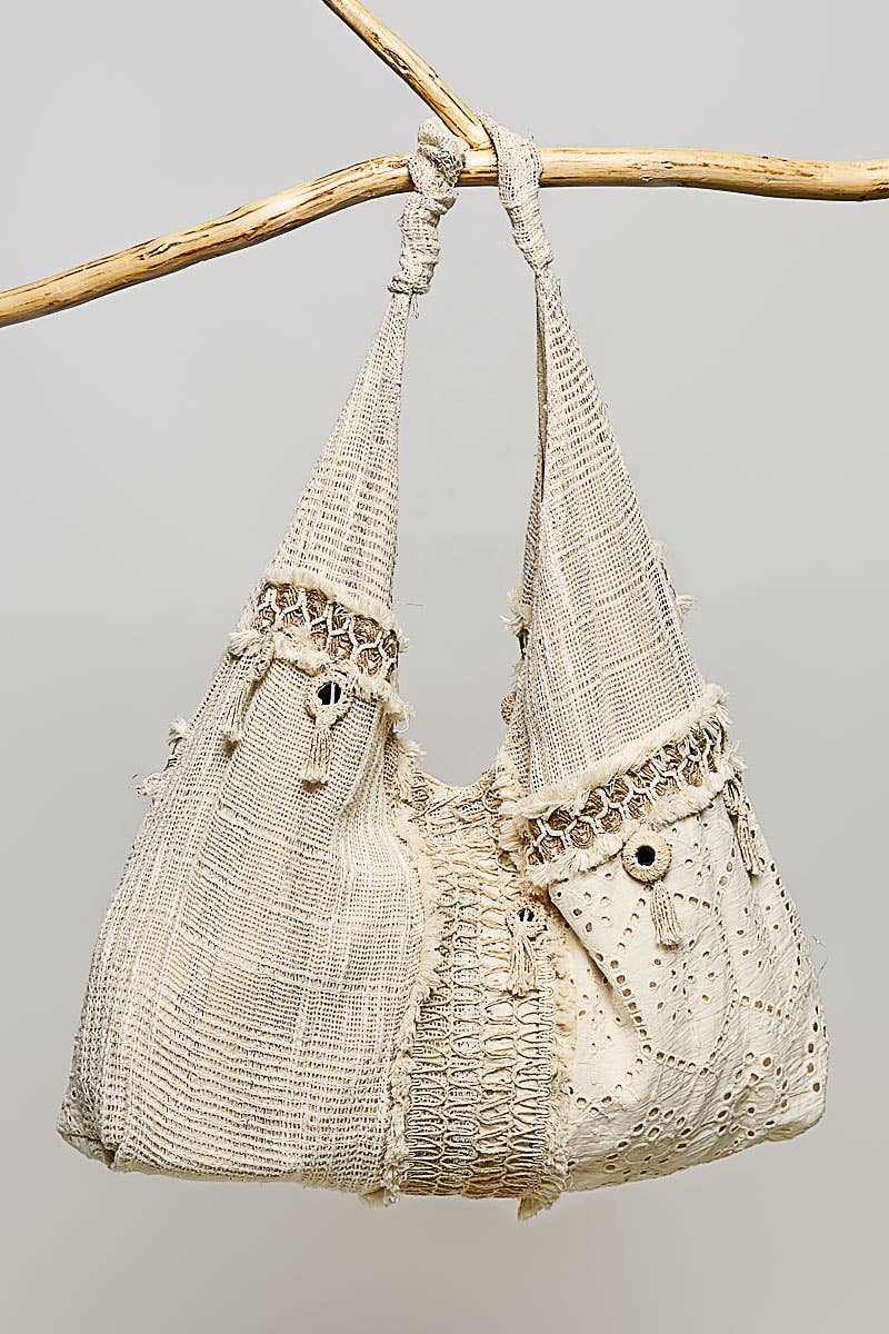 Mirror Dangle Tassel Lace Patched Hobo Bag
