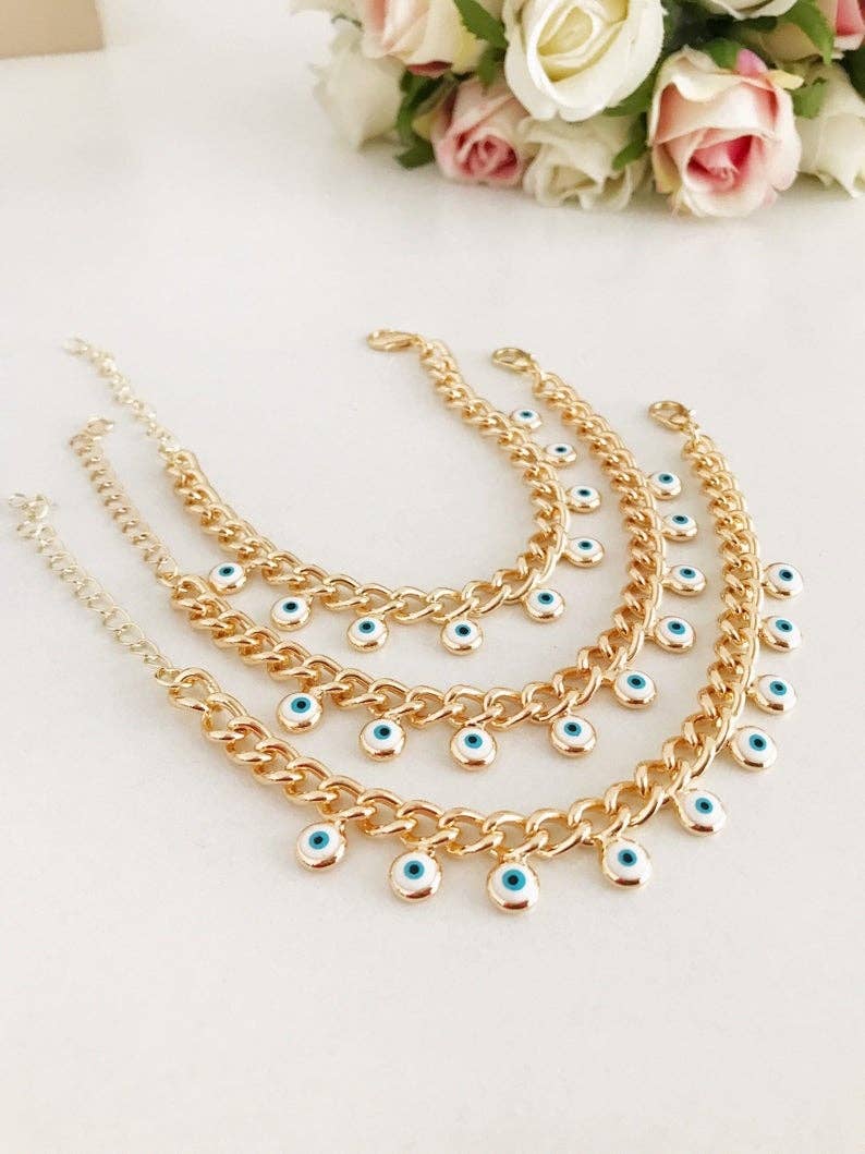 Evil Eye Gold Chain Bracelet, White Evil Eye Bead