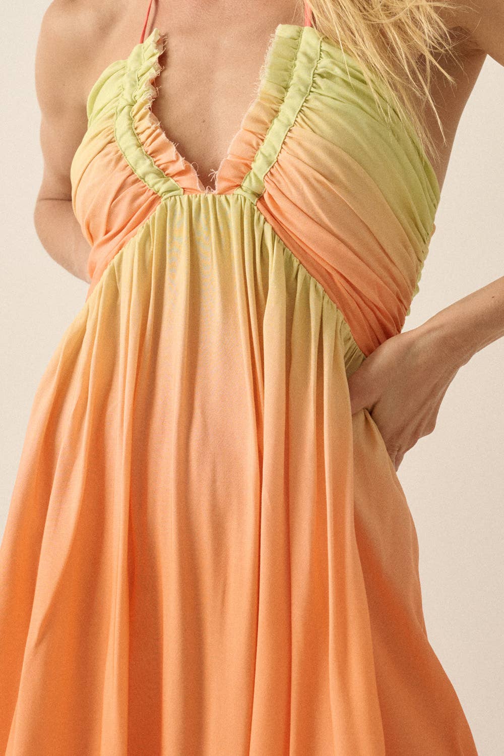 Ombre Crepe Tie-Back Halter Pocket Maxi Dress