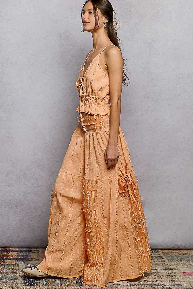 Boho Ruffle Contrast Shell Trim Wide Leg Pants