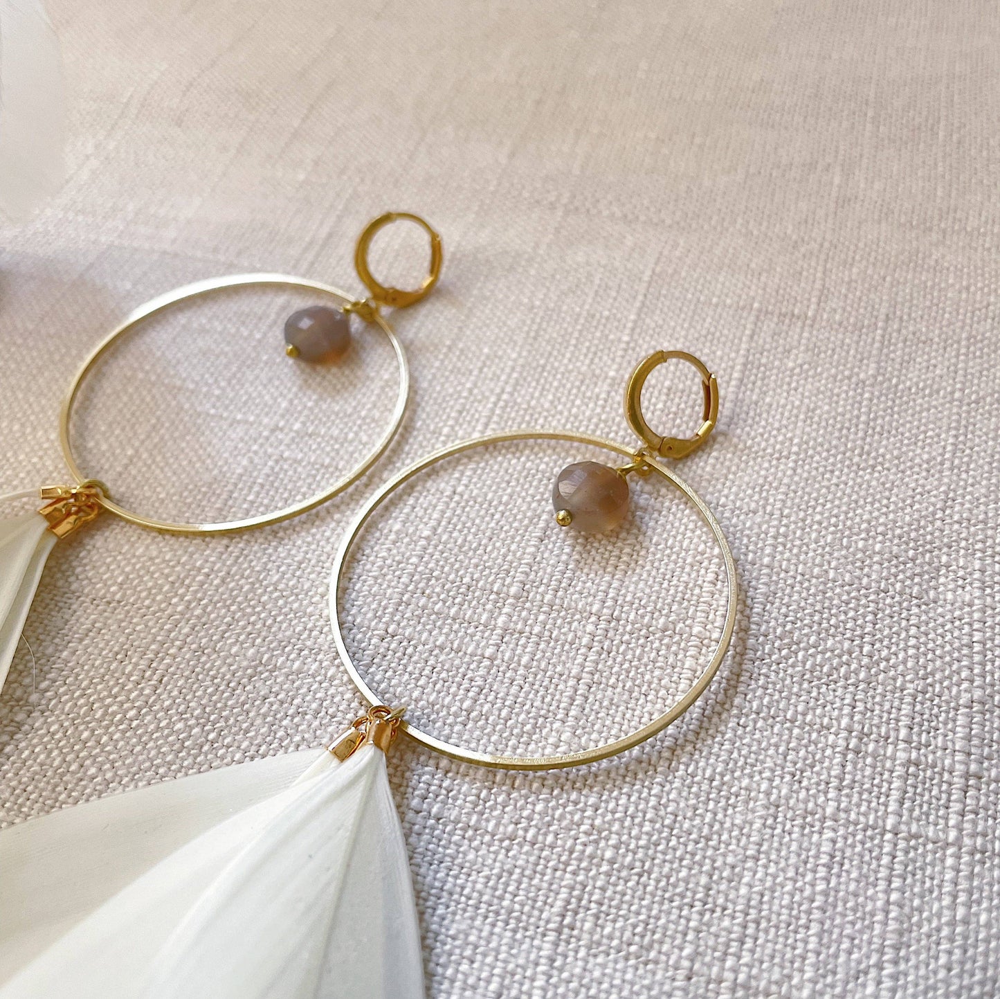 Hoop & Stone Feather Earrings: Brass With Stones