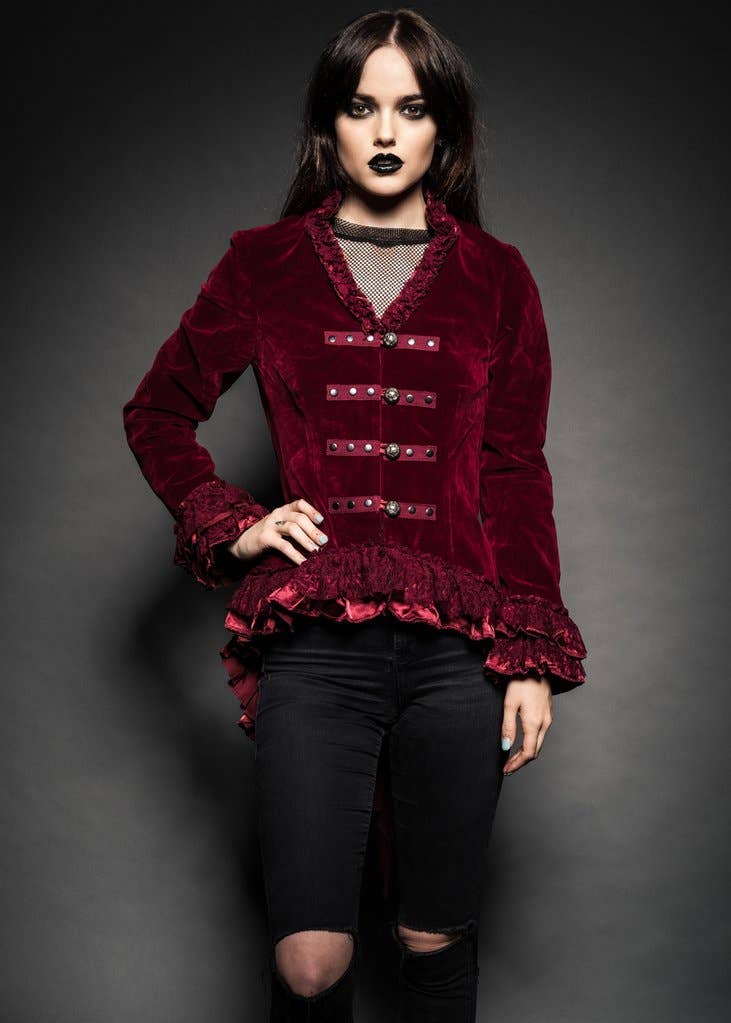 Red Velvet Steampunk Tail Jacket Gothic Burlesque Tailcoat : Small-3XL