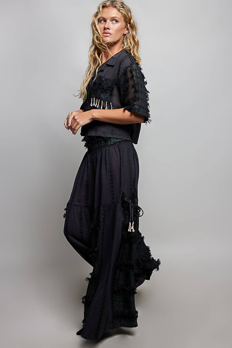 Boho Ruffle Contrast Shell Trim Wide Leg Pants