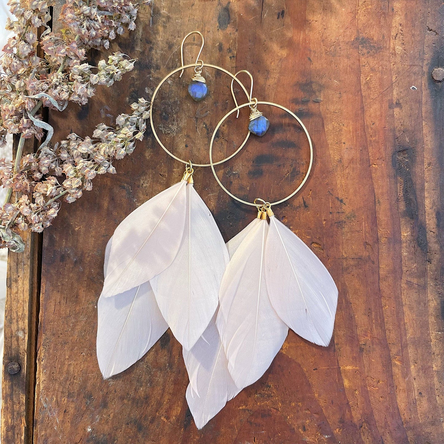 Hoop & Stone Feather Earrings: Brass With Stones