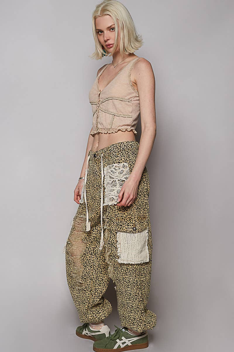 Vintage Wash Crochet Patches Distress Jogger Pants CAMO