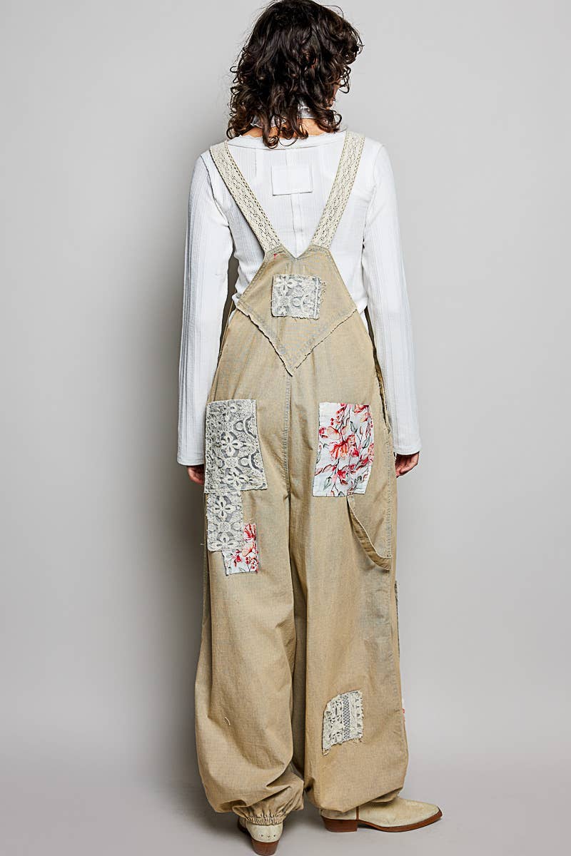 Printed Lace Patch Trim Strap Relaxed Fit Jogger Overall