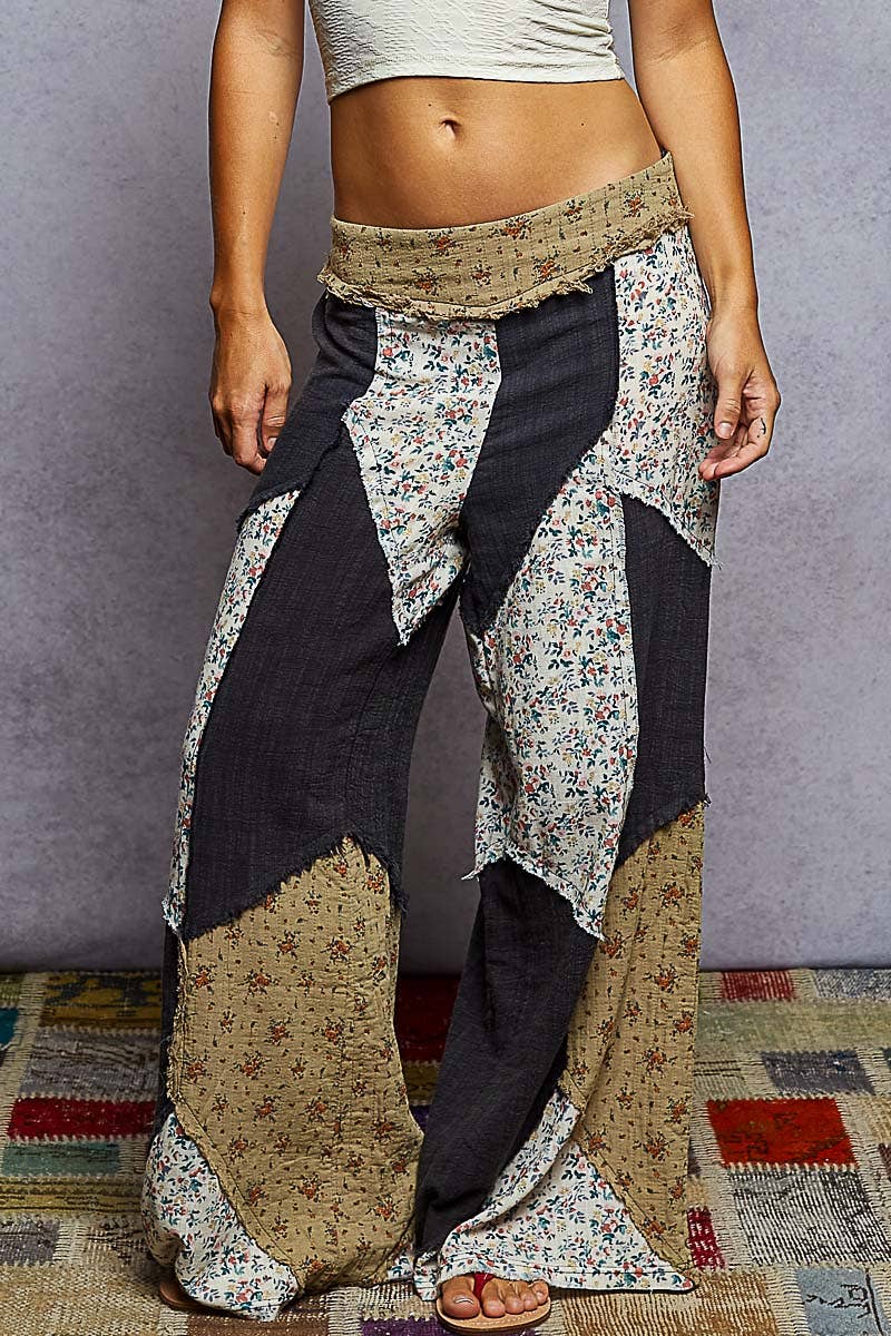 Double gauze varied printed patchwork woven pants: OLIVE or NATURAL