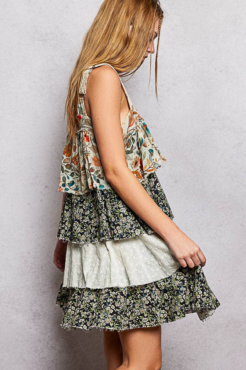 Boho Eyelet Patch Ruffle Floral Print Mini Dress