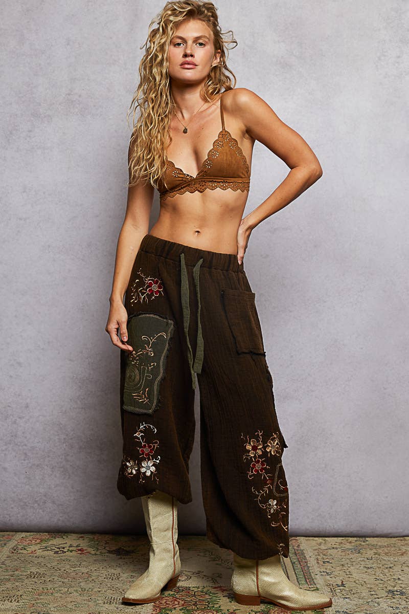 Floral Embroidered Double Gauze Cargo Pants S - L
