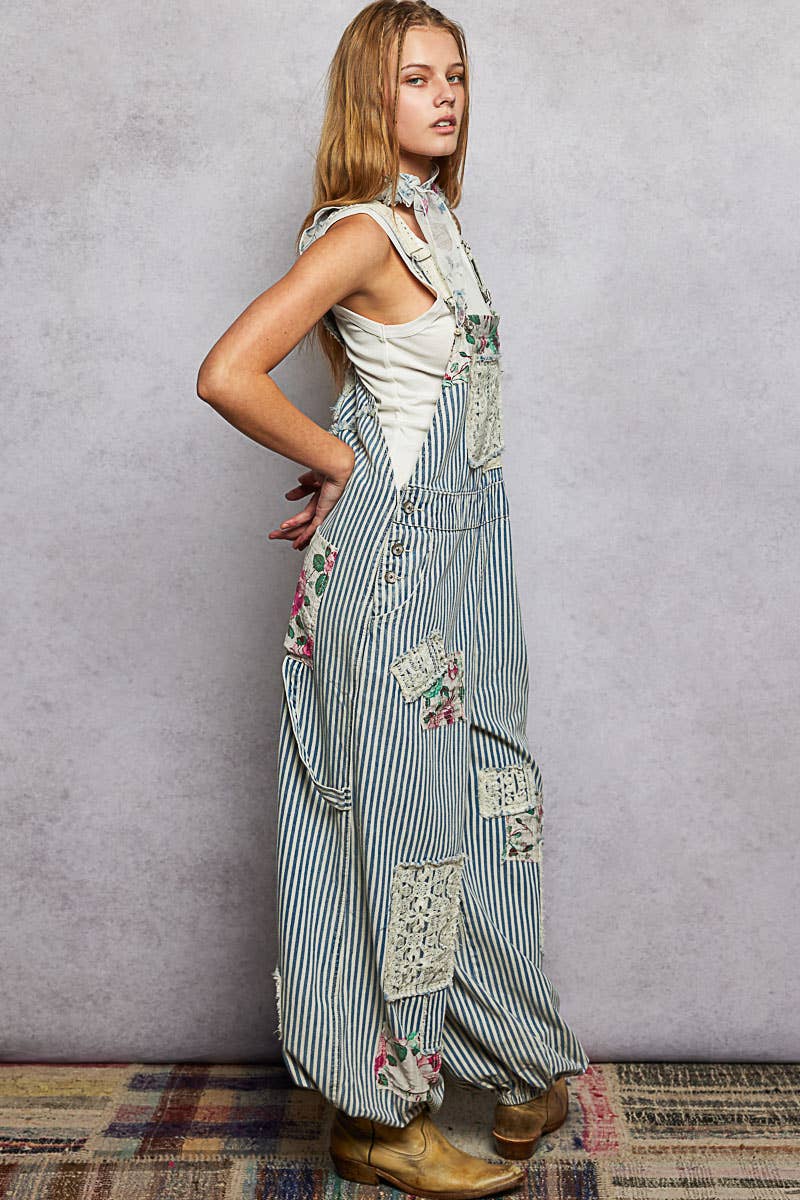 Printed Lace Patch Trim Strap Relaxed Fit Jogger Overall