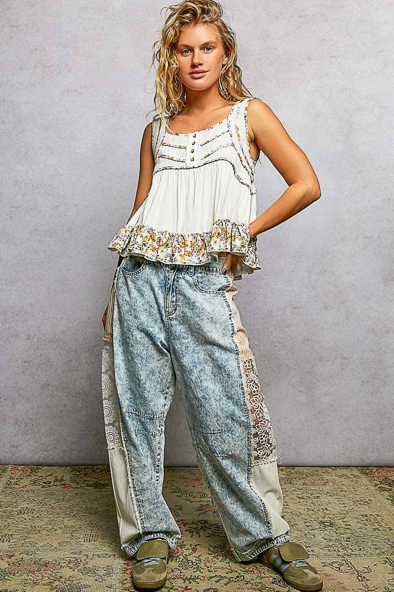 Square Neck Soft POL Jersey Floral Trim Boho Tank Top