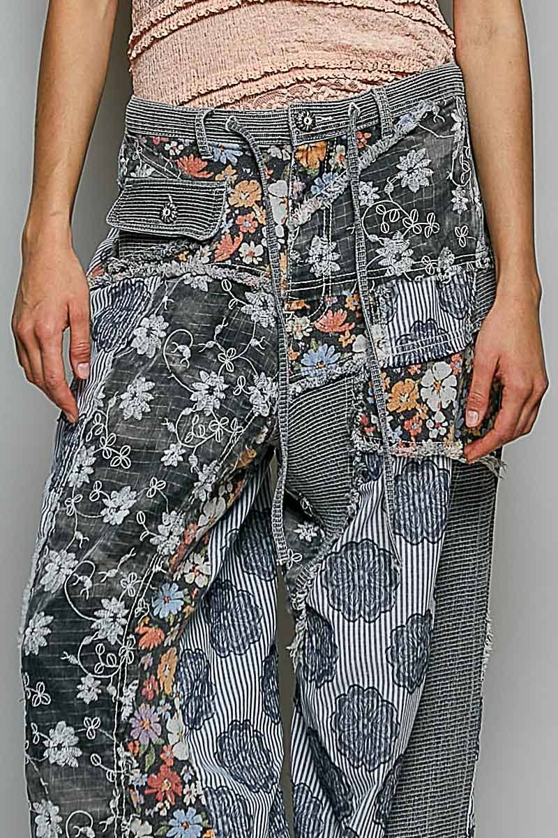 Jacquard Floral Twill Patch Waist Loop Jogger Pants