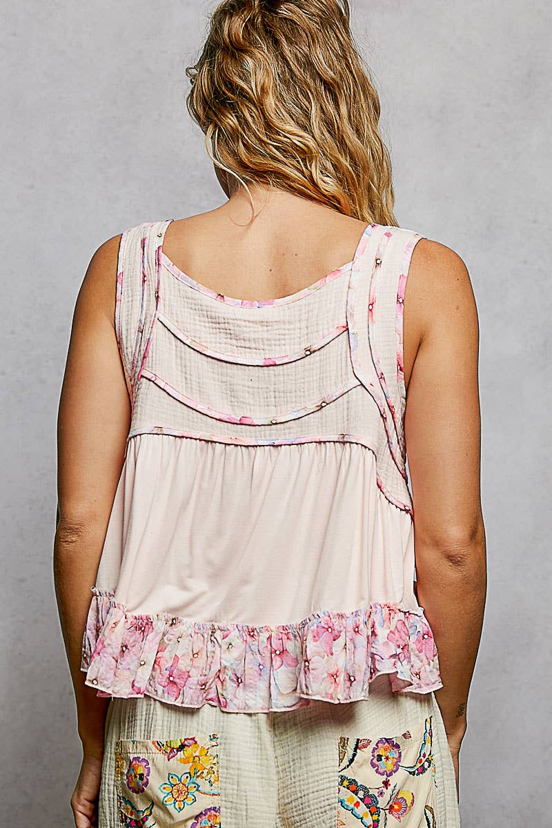 Square Neck Soft POL Jersey Floral Trim Boho Tank Top