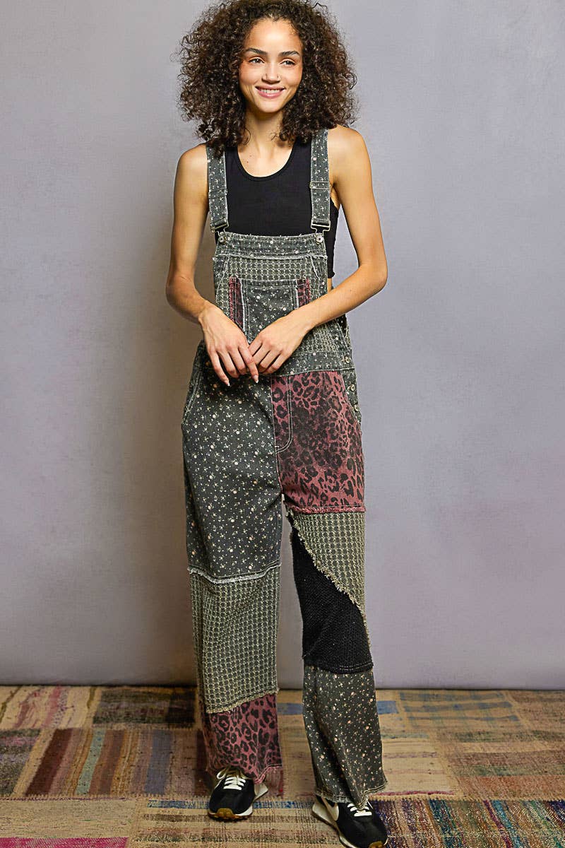 Overalls Animal/Floral Printed Frayed Edge Twill Woven overalls: DENIM S - L