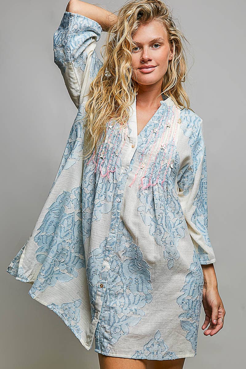 Lightweight Embroidered Cotton Pinstripe Tunic Dress