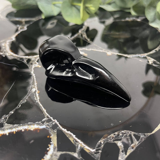 Obsidian Raven Skull Carving - Large