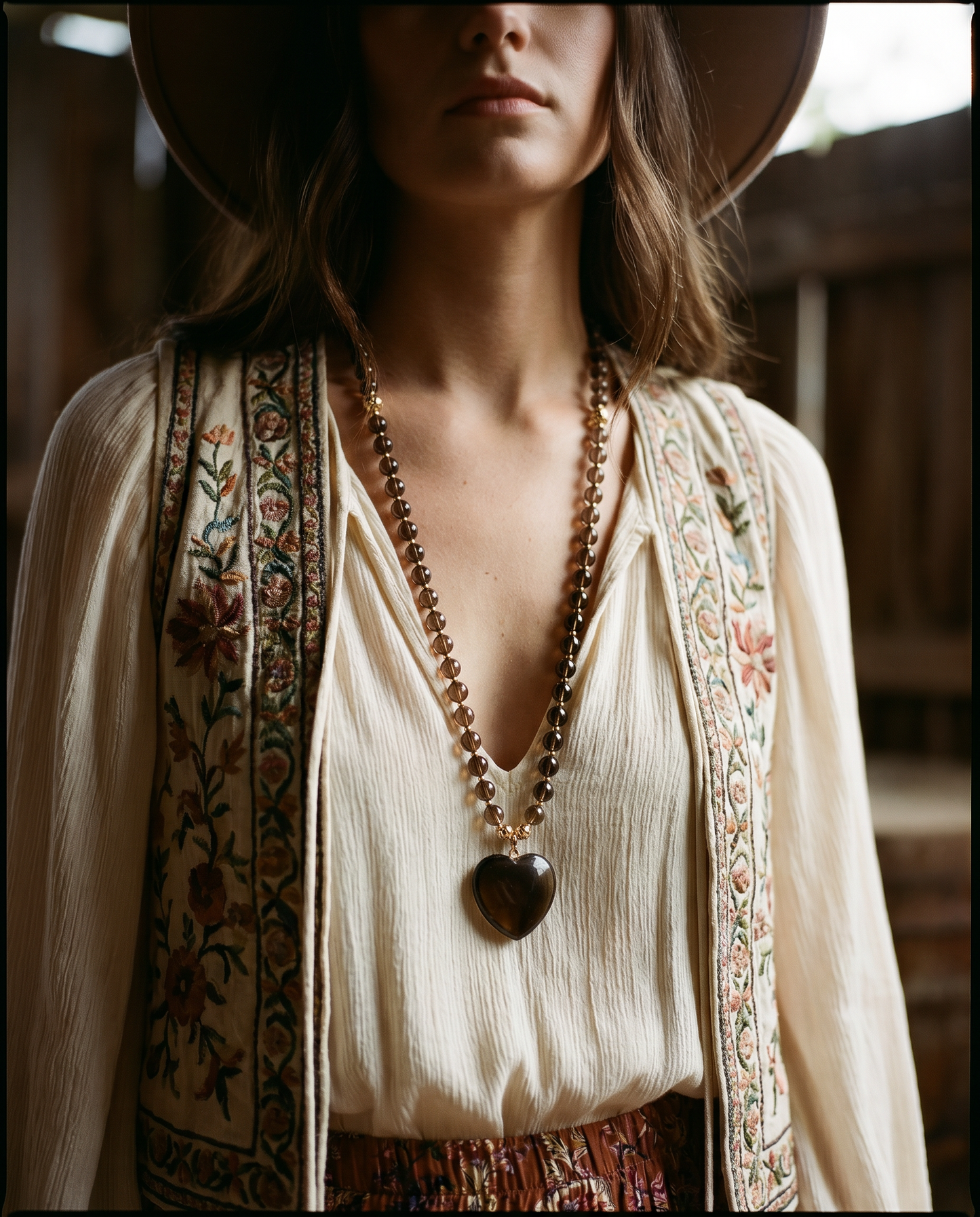 Smoky Quartz Heart Long Necklace
