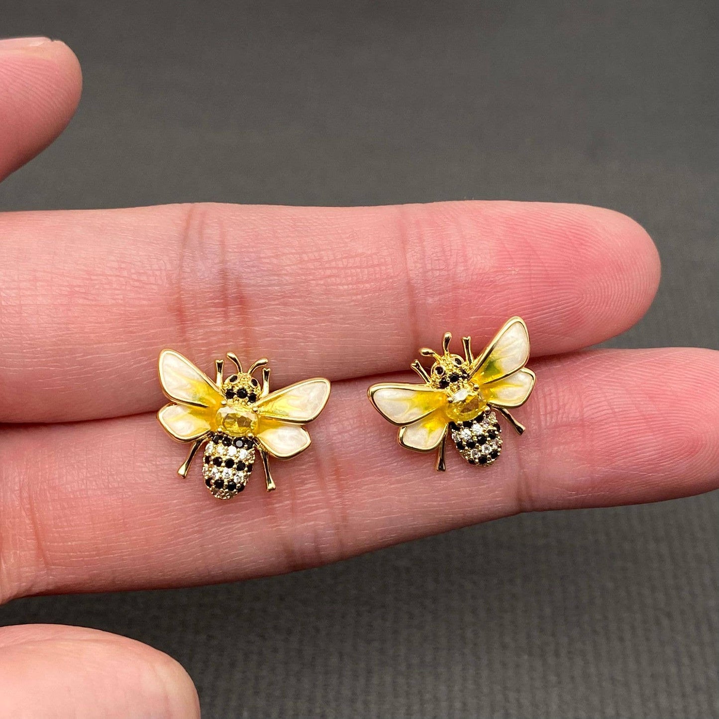 Sparkling Rhinestones 14K Gold Plated Enamel Bee Ear Studs