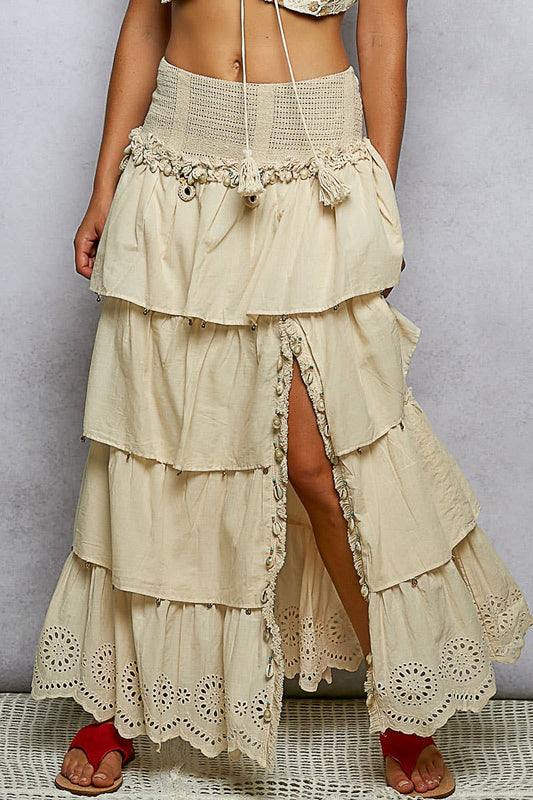 Smocked Waist and Side Slit Tiered Ruffle Maxi Skirt