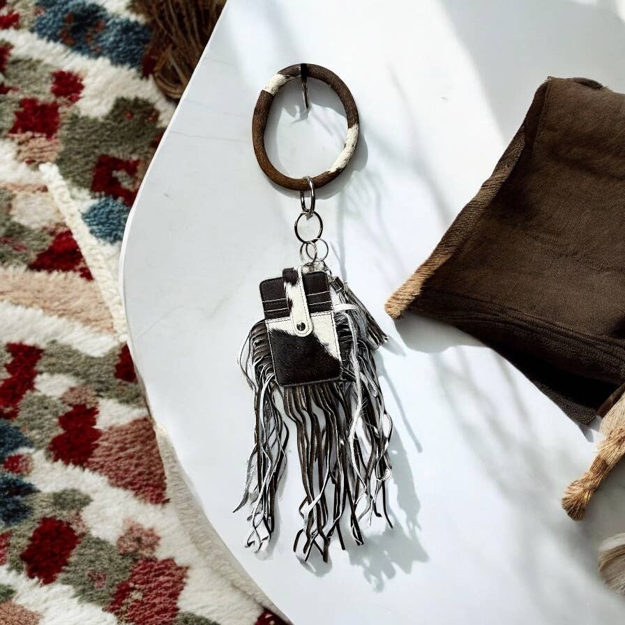 Brown cowhide fringe card holder wristlet 