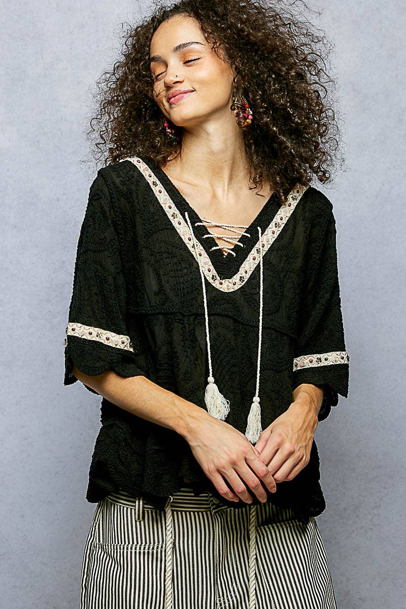 Short Sleeve Adjustable Drawstring Crochet V Neck Top