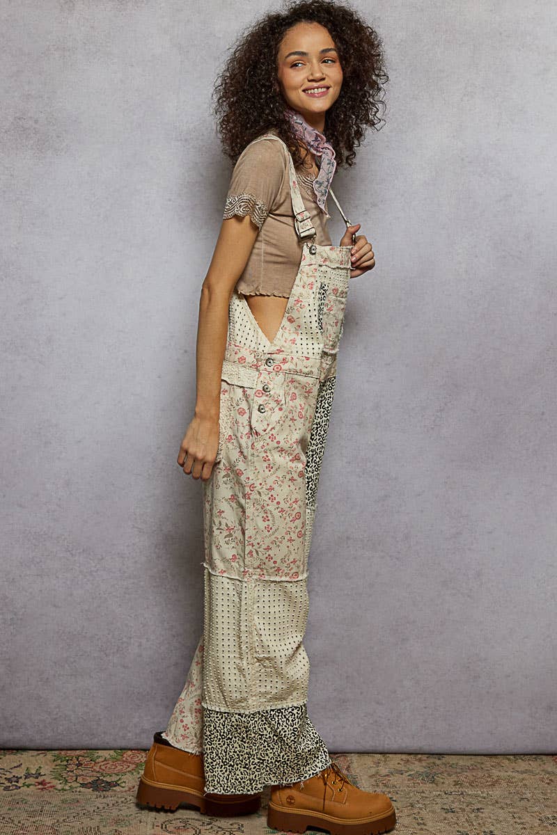 Overalls Animal/Floral Printed Frayed Edge Twill Woven overalls: DENIM S - L