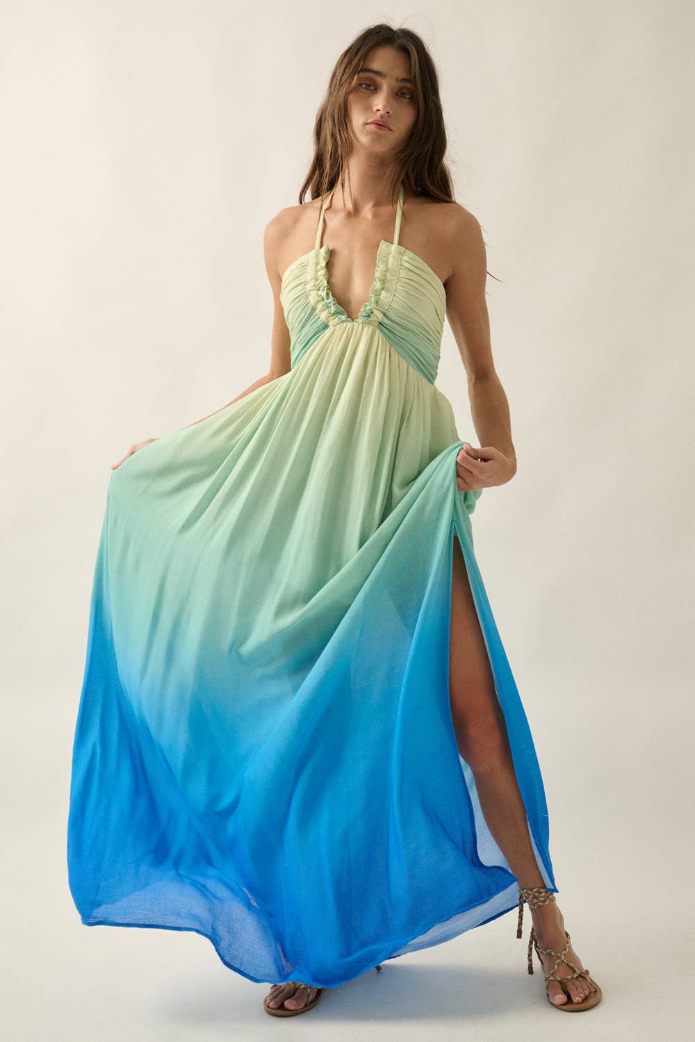Ombre Crepe Tie-Back Halter Pocket Maxi Dress