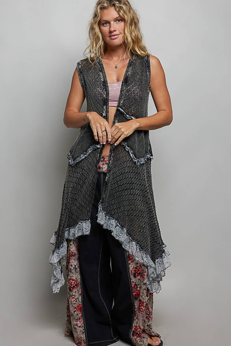 Solid Ruffle Vintage Washed Crochet Vest Casual Cardigan