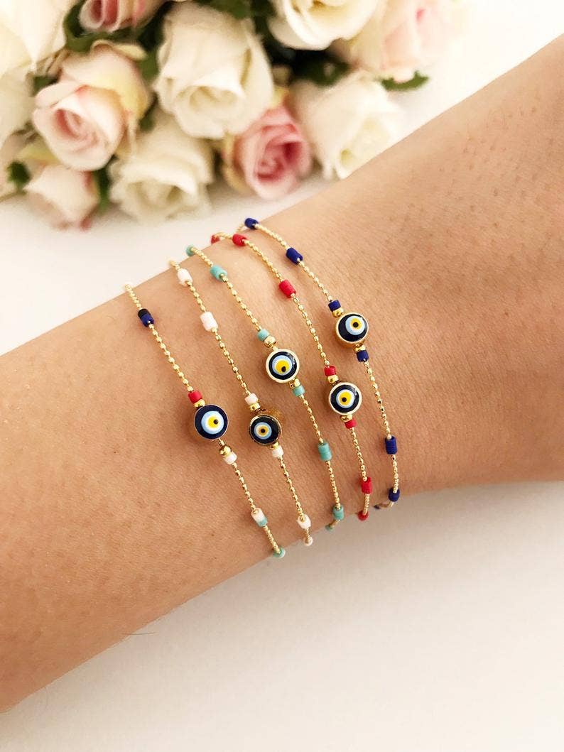 Evil Eye Chain Bracelet, Seed Beads Bracelet, Evil Eye Jewelry