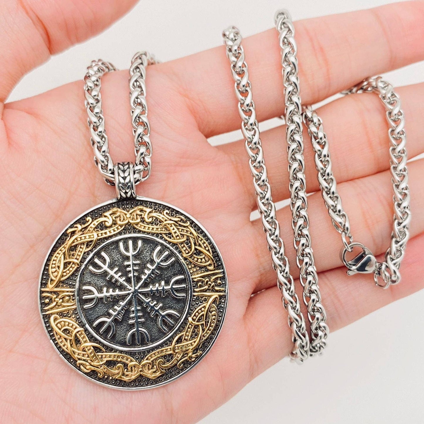 Stainless Steel Viking Rune Compass Pendant Necklace