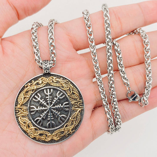 Stainless Steel Viking Rune Compass Pendant Necklace