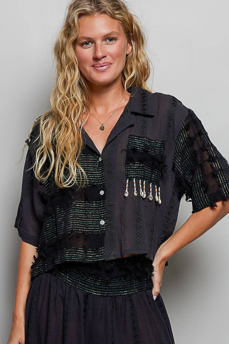 Boho Woven Texture Fringe Shell Beads Short Shirt Top