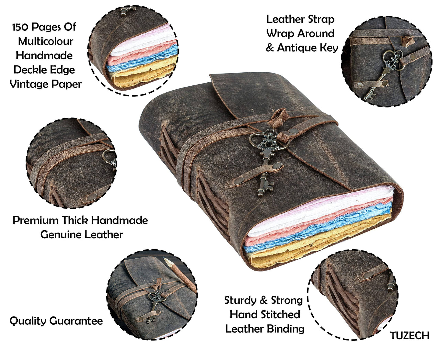 Tuzech Leather Journal for Women Men Gift With Deckle Edge Paper , Leather Scrapbook, Book of Shadows, Vintage Journal, Old Books, Grimoire, Antique Drawing Sketchbook Colourful Paper 7 by 5 Inches