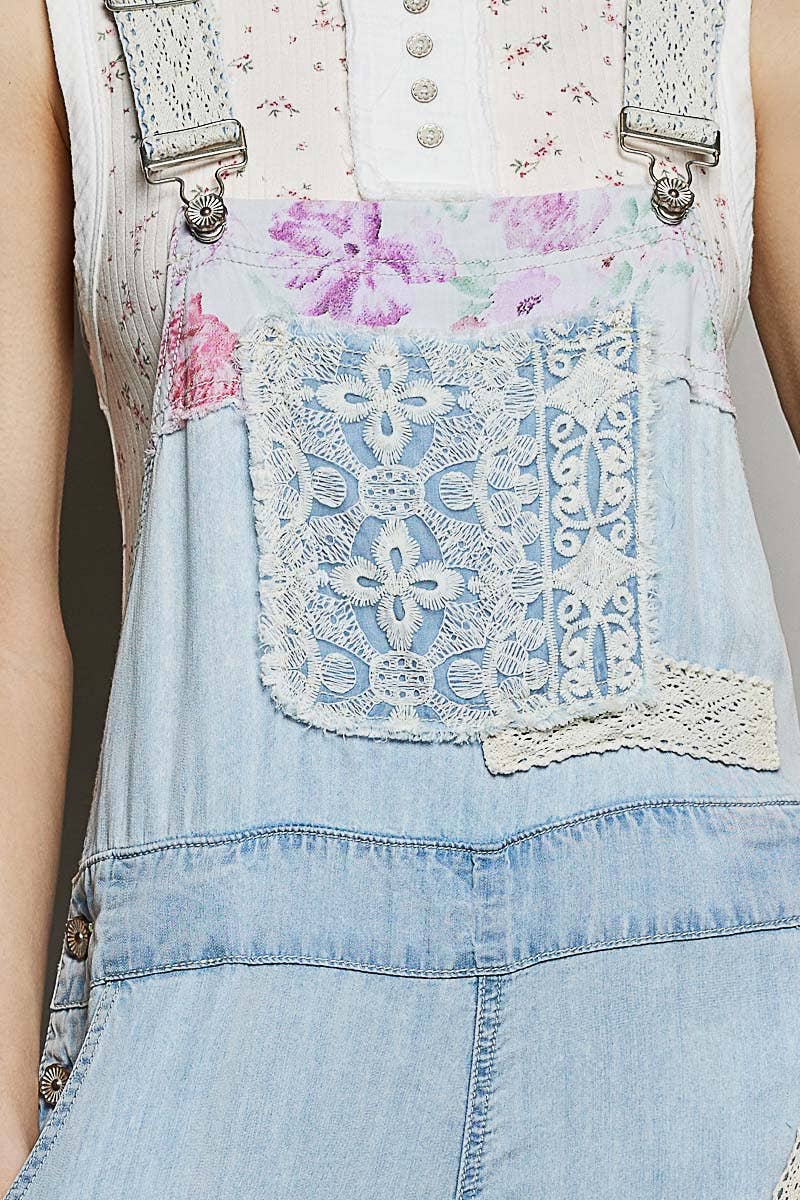 Printed Lace Patch Trim Strap Relaxed Fit Jogger Overall