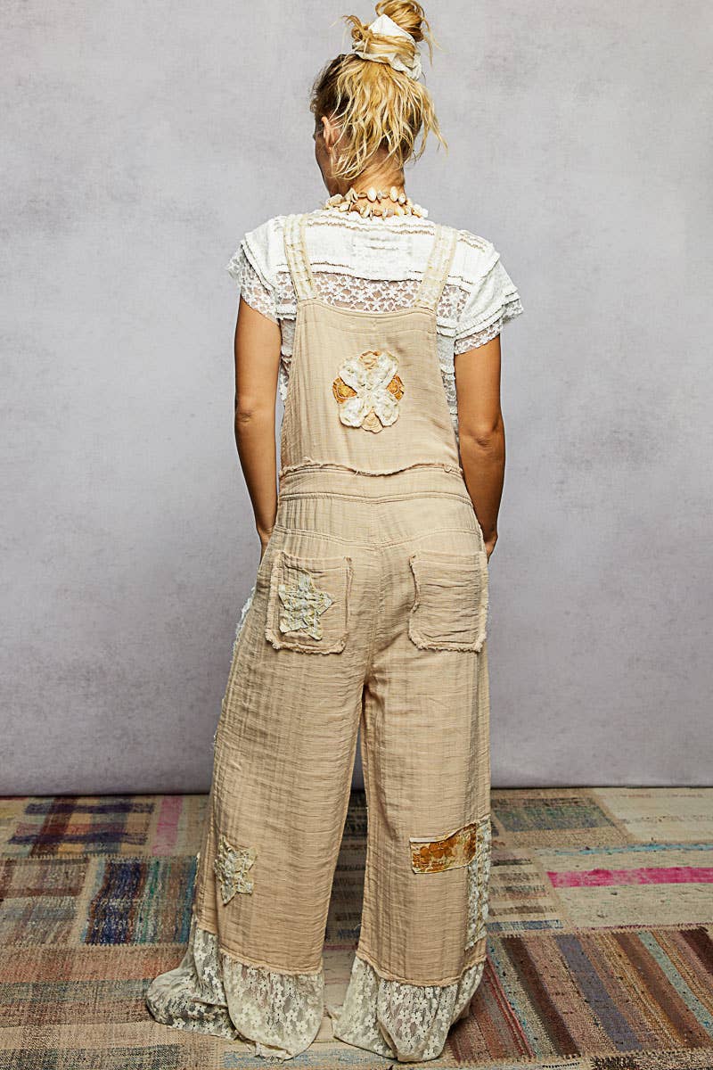 Double Gauze Lace Contrast Side Zipper Patchwork Overalls