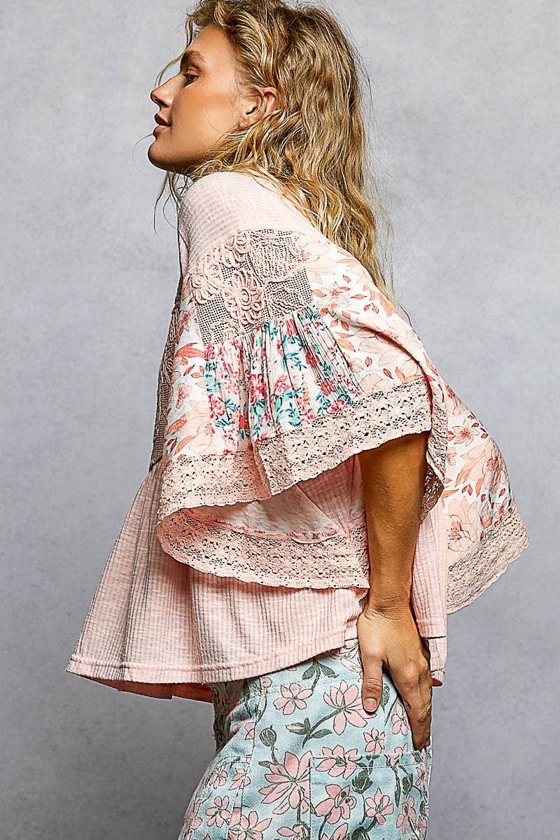 Rib Floral Pattern Round Neck Short Sleeve Top