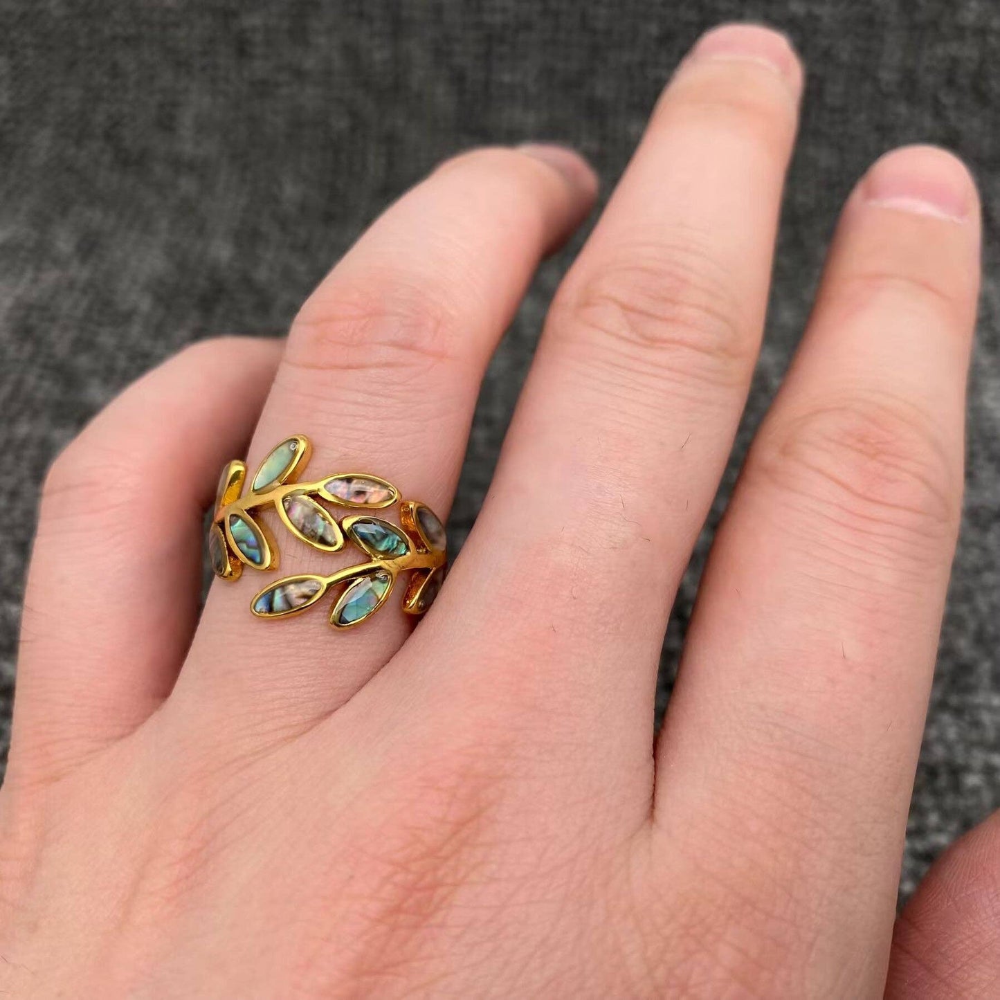 Abalone Shell Leaf Shape 18K Gold Plated S.Steel Ring