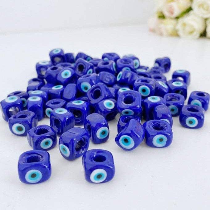 5 Pcs Big Evil Eye Cube Beads, Blue Glass Evil Eye Bead
