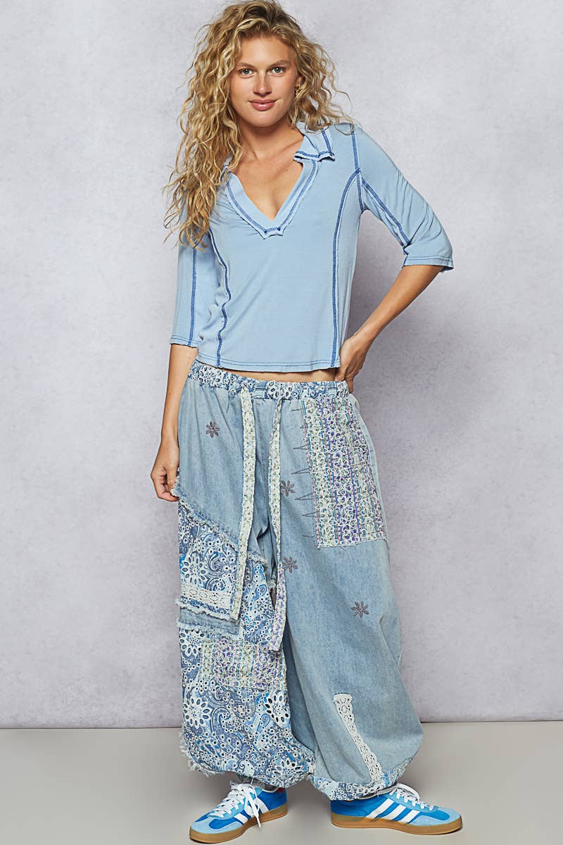 Floral print patchwork twill woven jogger pants