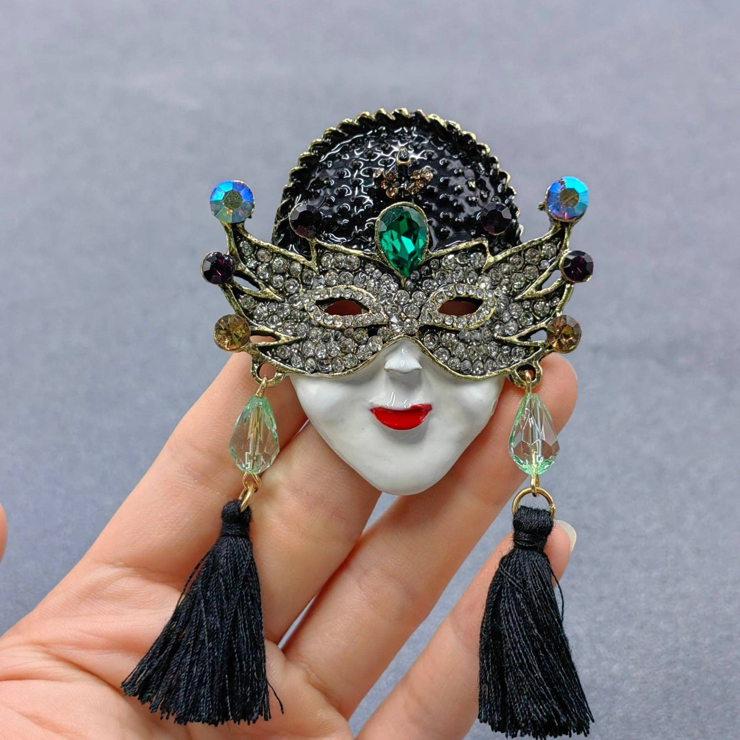 Rhinestone Enamel Queen Mask Brooch