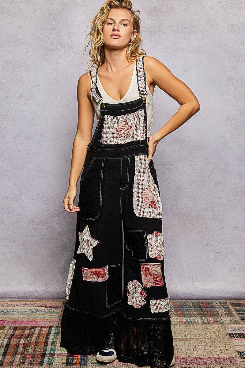 Double Gauze Lace Contrast Side Zipper Patchwork Overalls