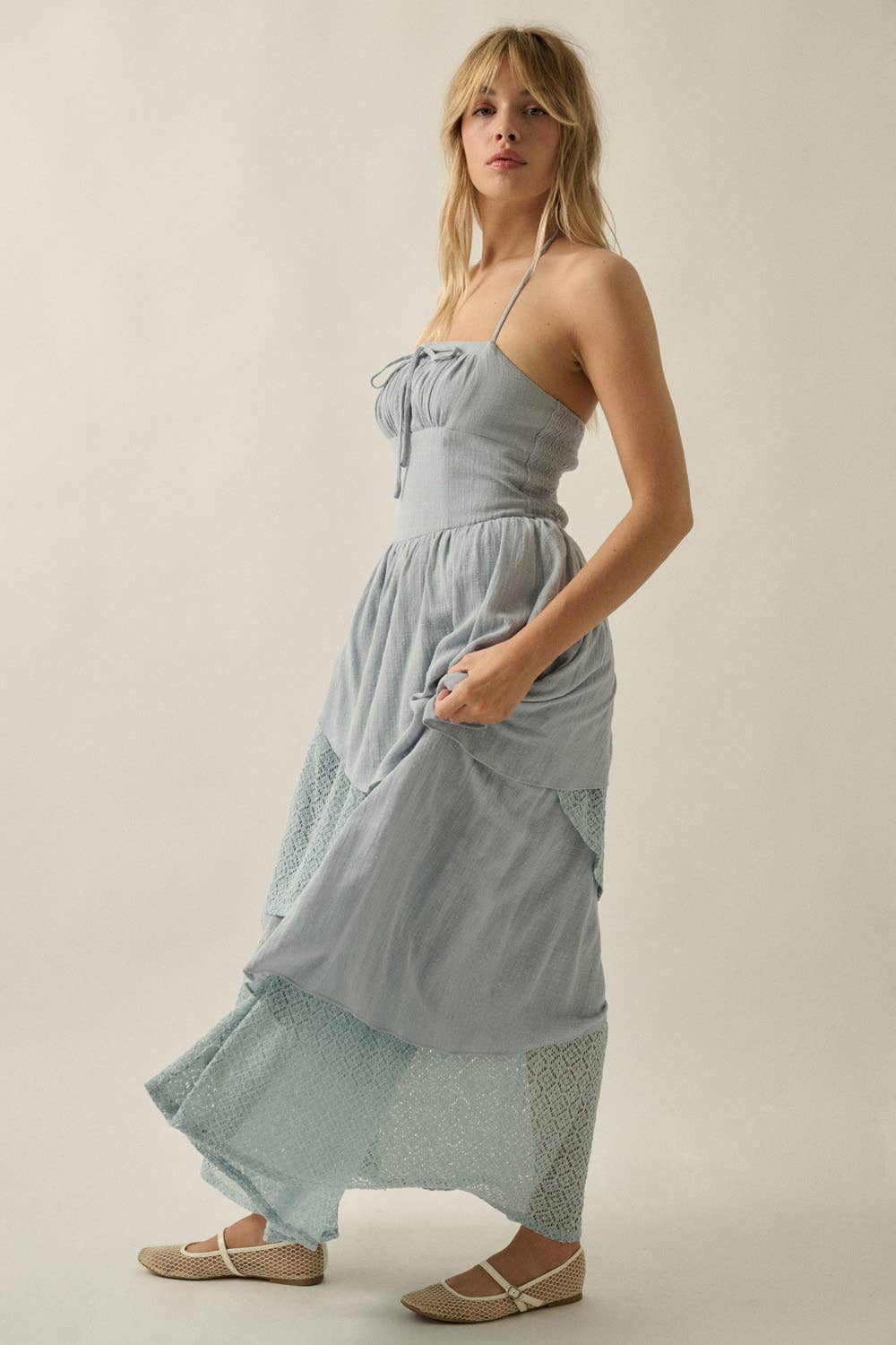 Cotton Gauze and Lace Asymmetrical Tiered Halter Maxi Dress