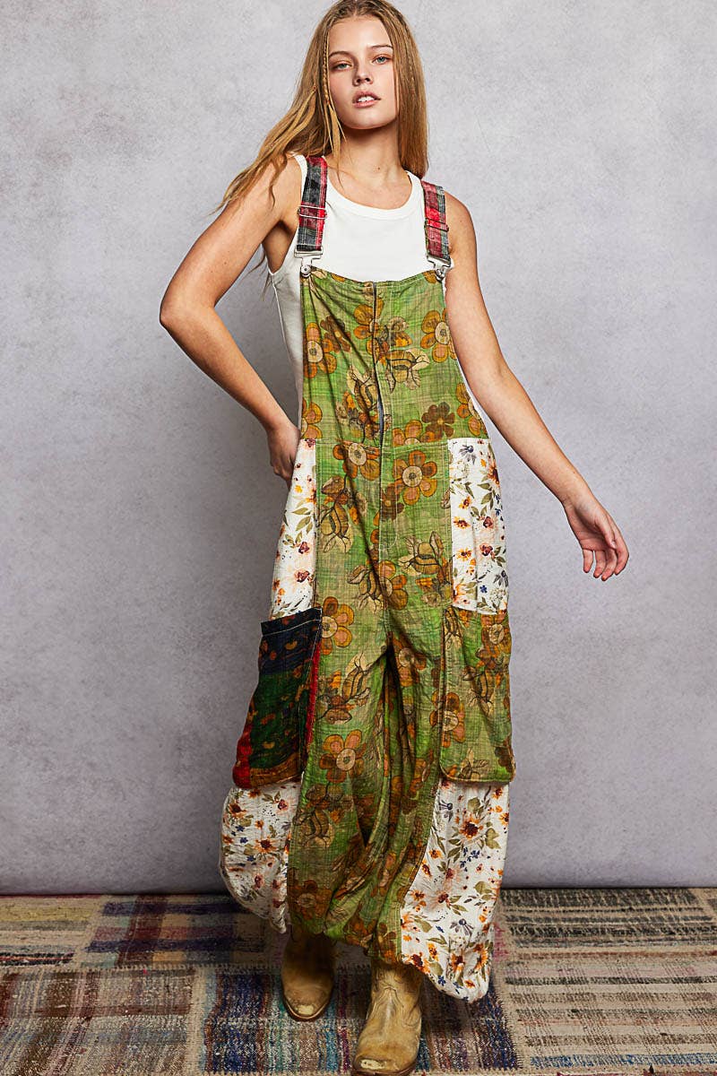 Boho Exaggerated Pocket Vintage Print Jogger Fit Overalls