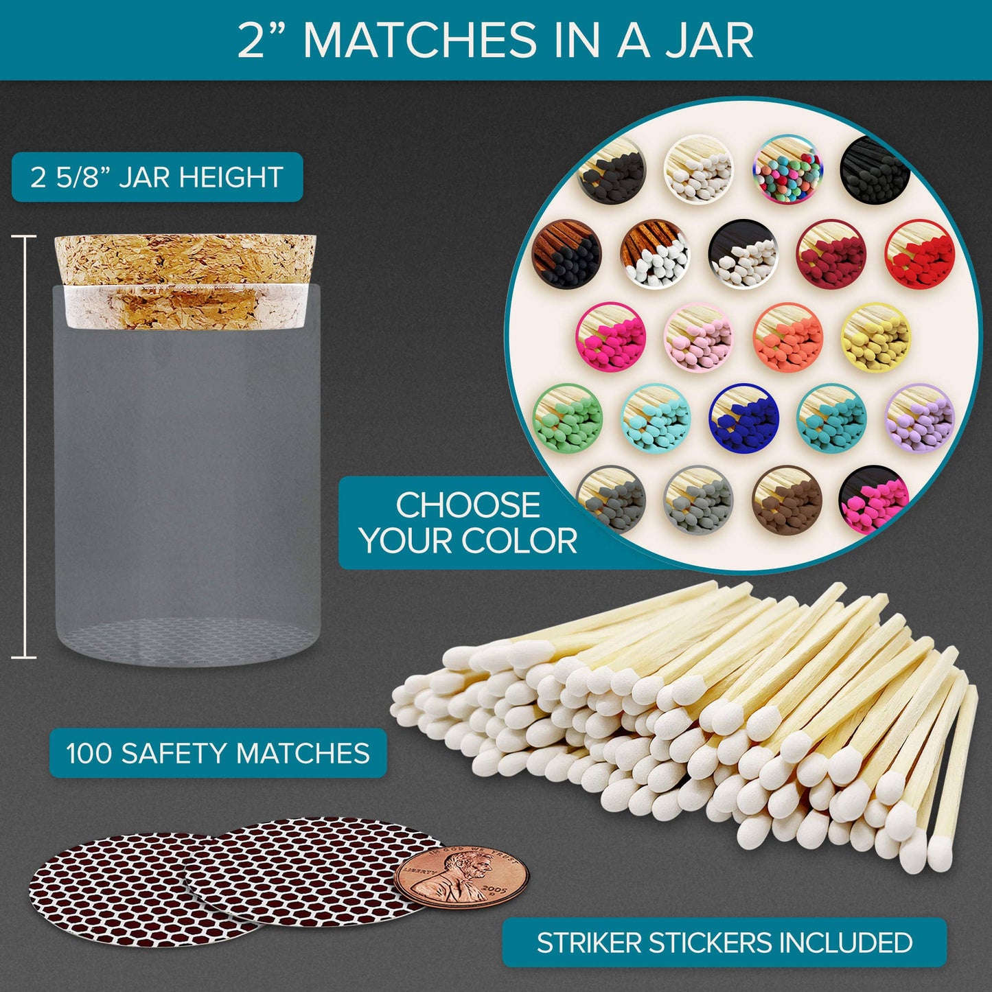2" Matches in Cork Top Jar - Colors of Your Choice