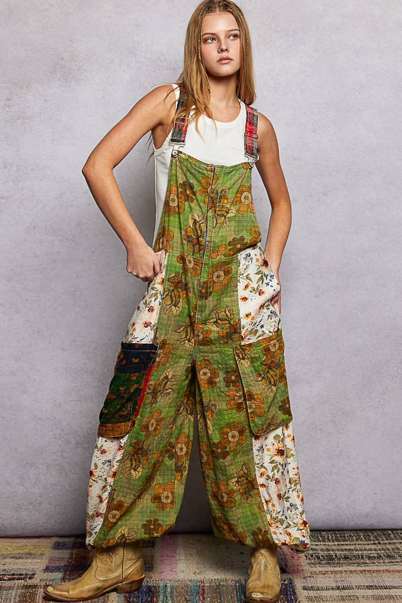 Boho Exaggerated Pocket Vintage Print Jogger Fit Overalls