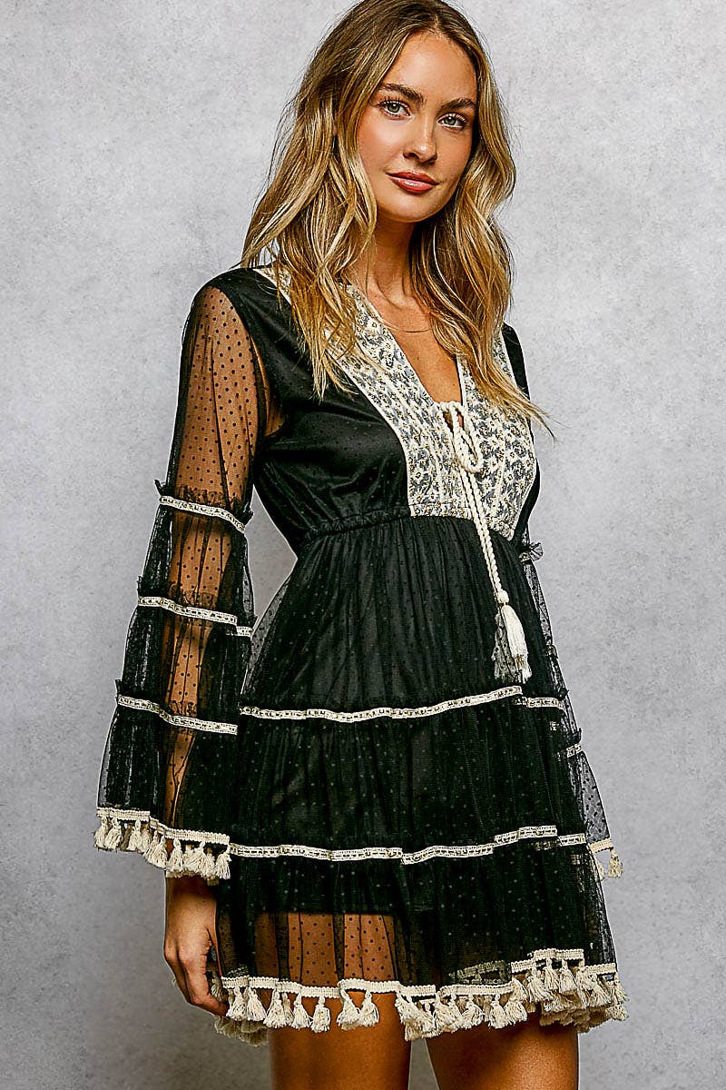 Split Embroidery Tassel Detail V-Neck Flared Short Dress