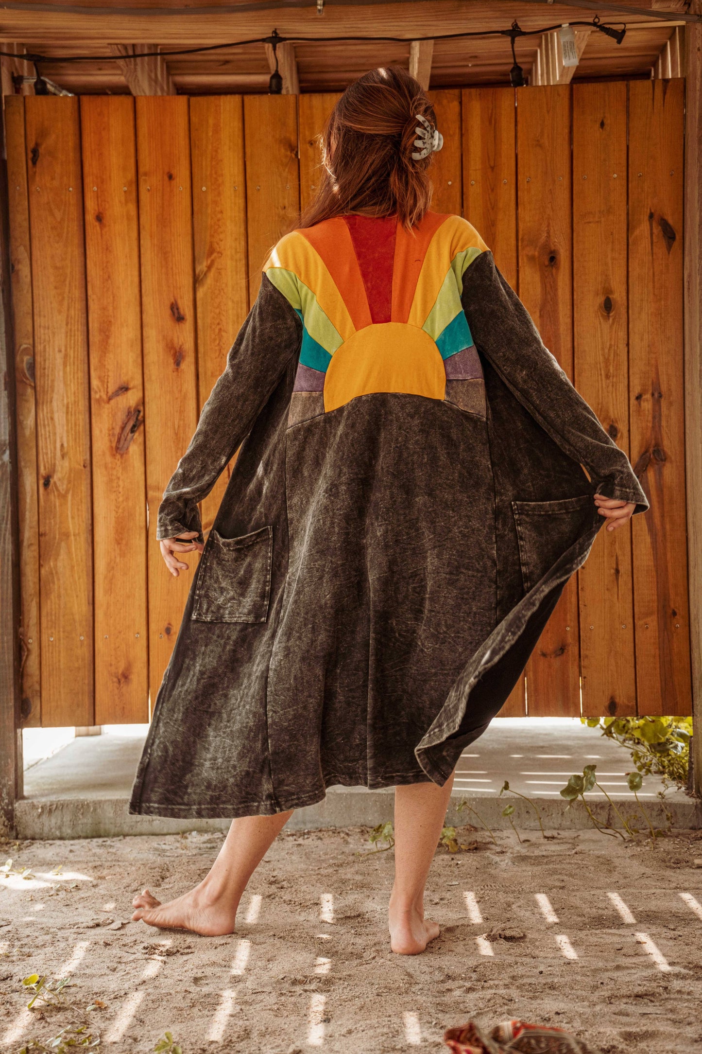 Sun Ray Cardigan, Cotton Earthy Hippie Boho Style Duster: Black / Small