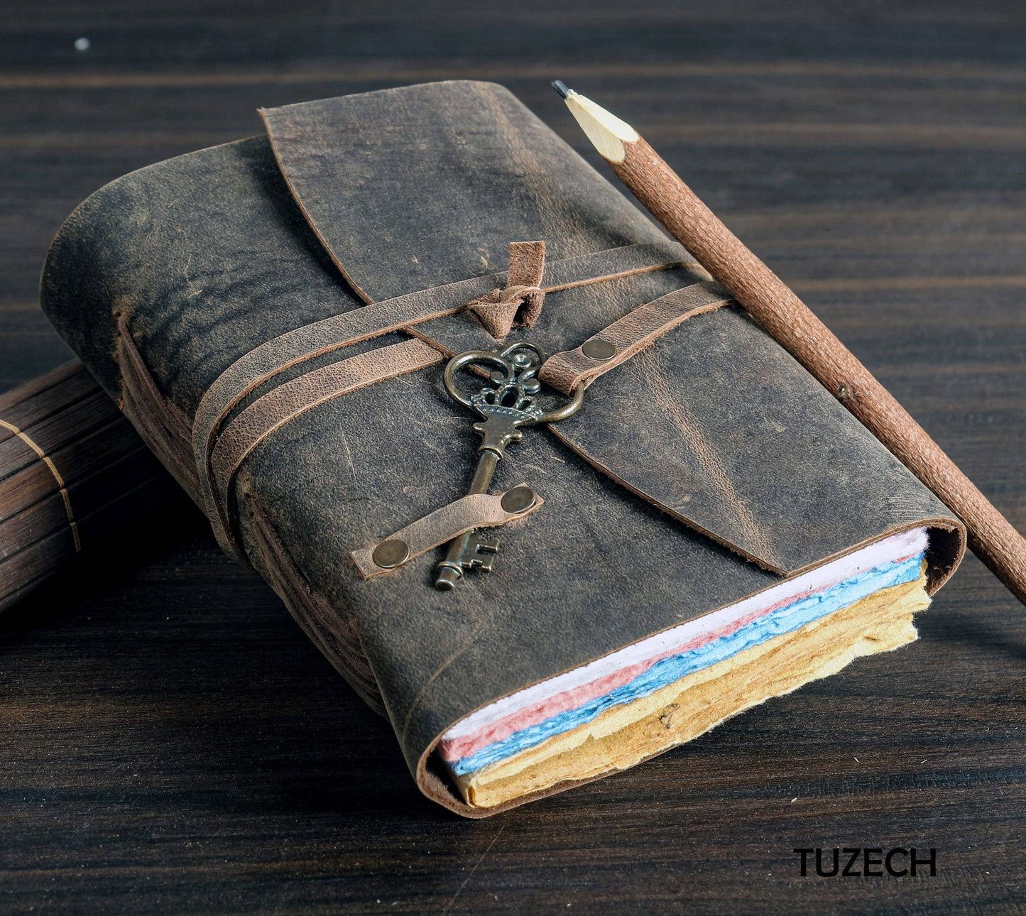 Tuzech Leather Journal for Women Men Gift With Deckle Edge Paper , Leather Scrapbook, Book of Shadows, Vintage Journal, Old Books, Grimoire, Antique Drawing Sketchbook Colourful Paper 7 by 5 Inches