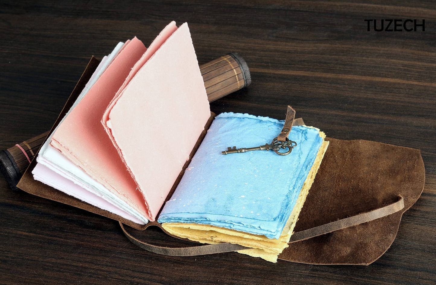 Tuzech Leather Journal for Women Men Gift With Deckle Edge Paper , Leather Scrapbook, Book of Shadows, Vintage Journal, Old Books, Grimoire, Antique Drawing Sketchbook Colourful Paper 7 by 5 Inches