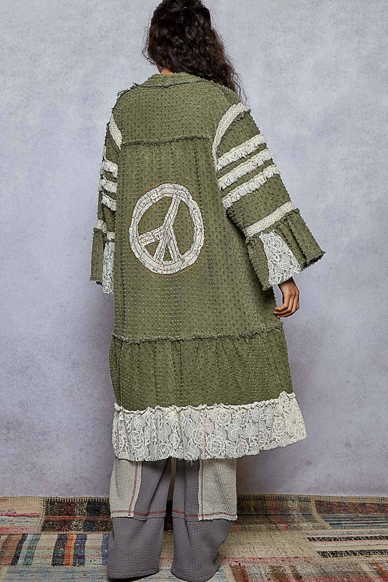 Vintage solid peace patch long cardigan woven top: Black